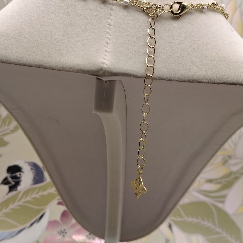 Triple Strand Gold Tone Layered Necklace 16" White Bead Station Dainty Tiered #26