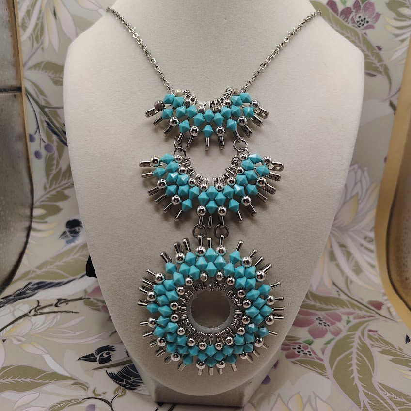 Artisan Silver-Tone Safety Pin Statement Necklace Turquoise Bead Tiered Sunburst #29