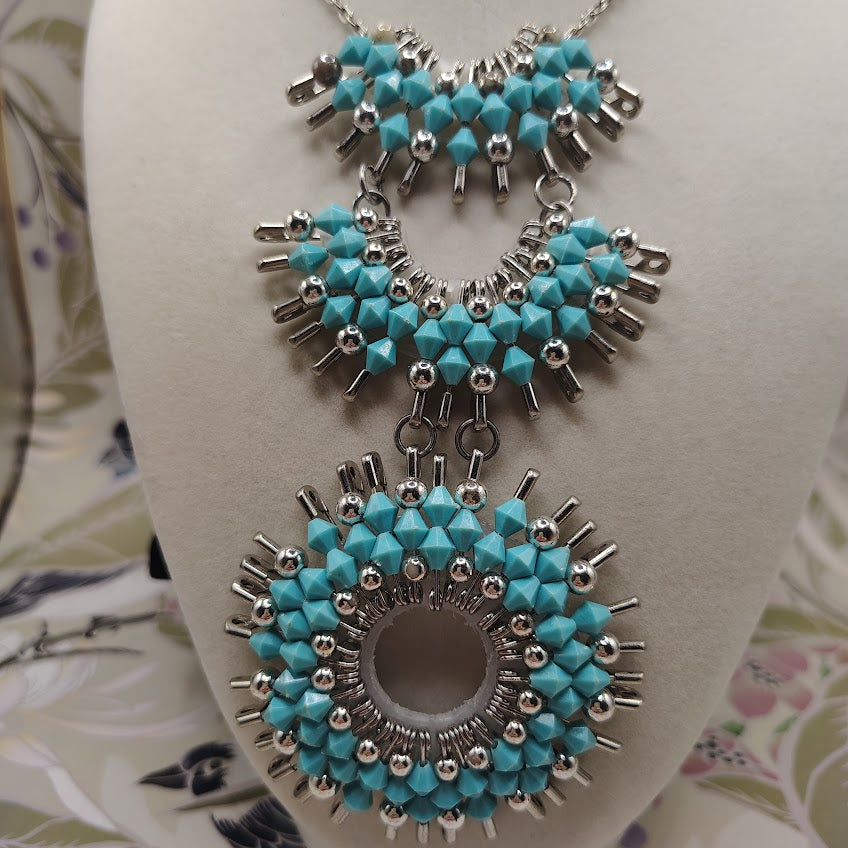 Artisan Silver-Tone Safety Pin Statement Necklace Turquoise Bead Tiered Sunburst #29