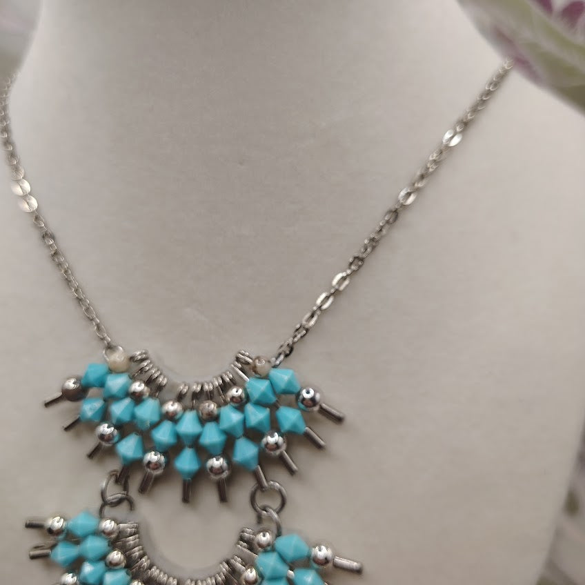 Artisan Silver-Tone Safety Pin Statement Necklace Turquoise Bead Tiered Sunburst #29