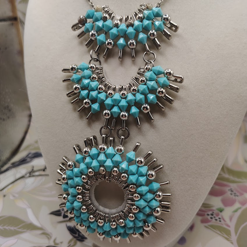 Artisan Silver-Tone Safety Pin Statement Necklace Turquoise Bead Tiered Sunburst #29