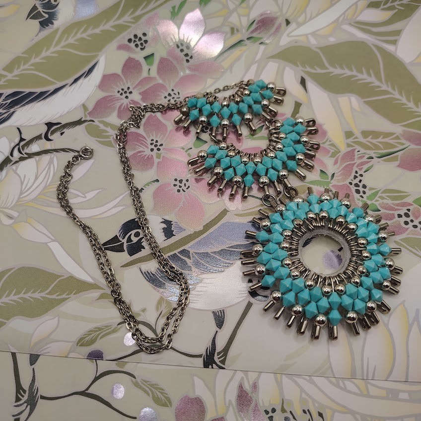 Artisan Silver-Tone Safety Pin Statement Necklace Turquoise Bead Tiered Sunburst #29