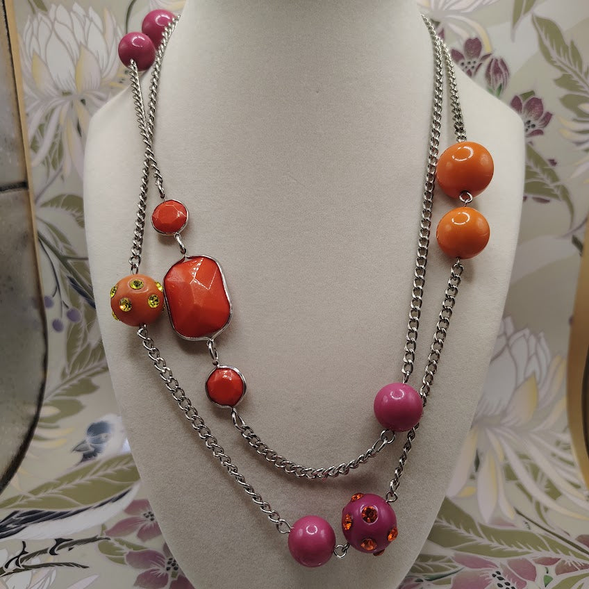 Modern Silver-Tone Double Strand Layered Necklace Orange Pink Resin Rhinestone Beads #30