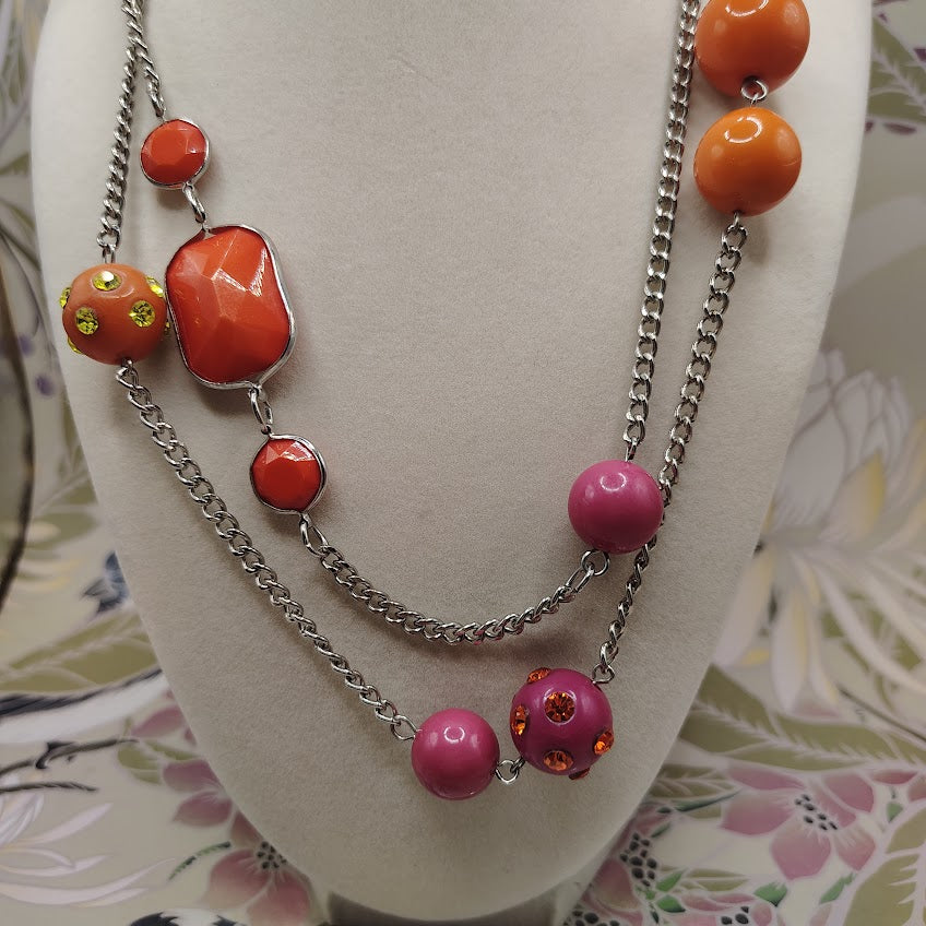 Modern Silver-Tone Double Strand Layered Necklace Orange Pink Resin Rhinestone Beads #30