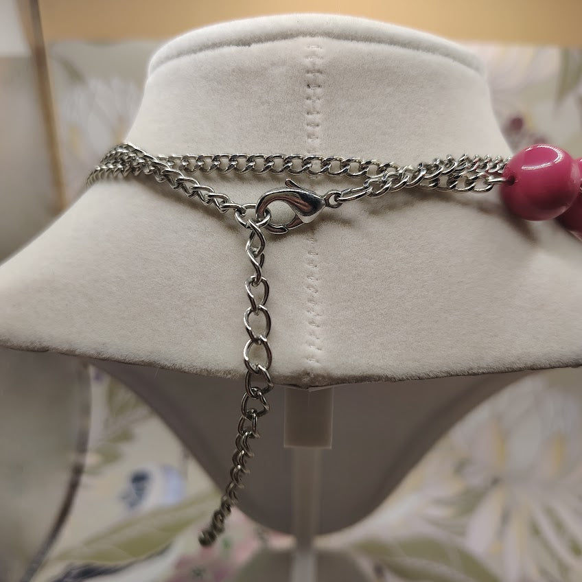 Modern Silver-Tone Double Strand Layered Necklace Orange Pink Resin Rhinestone Beads #30