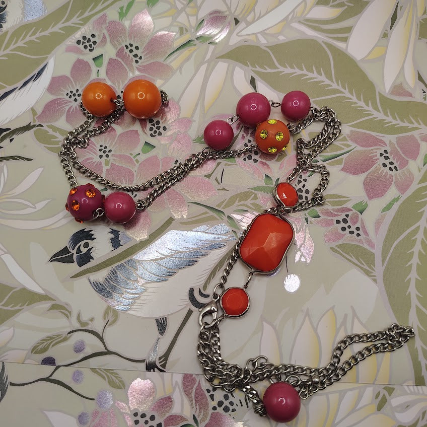 Modern Silver-Tone Double Strand Layered Necklace Orange Pink Resin Rhinestone Beads #30