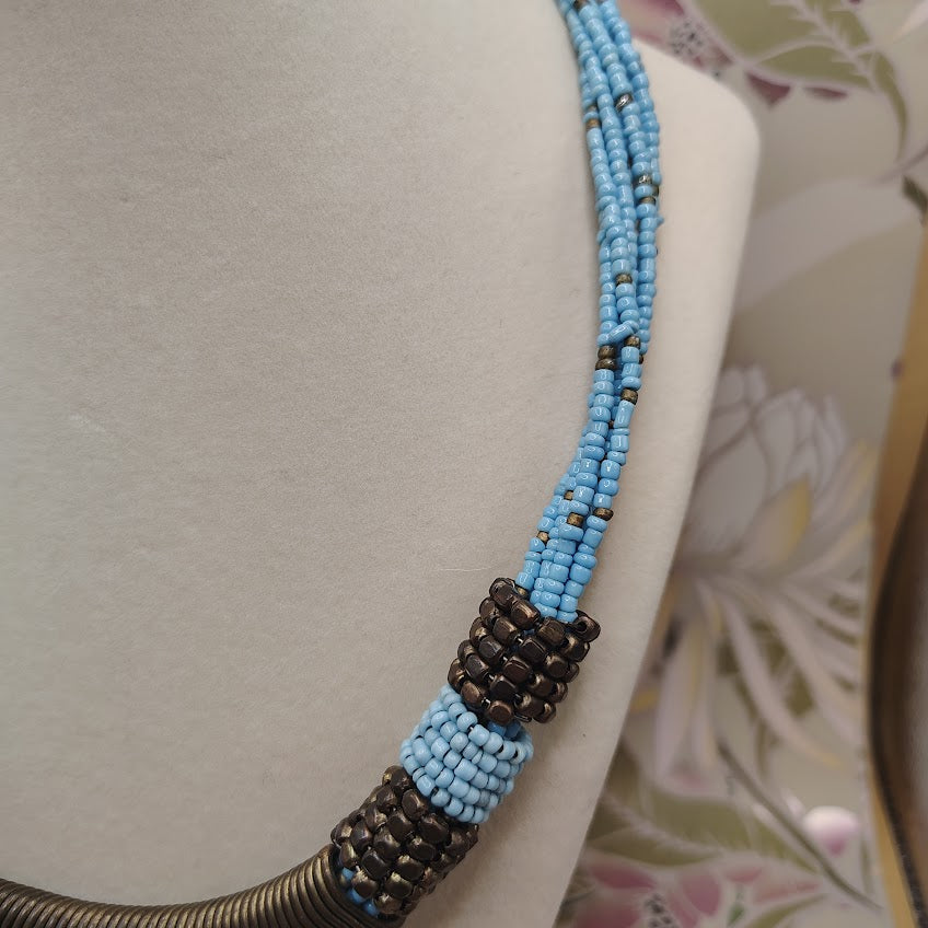 San Marco Style Antiqued Brass Spiral Multi-Strand Blue Seed Bead Statement Necklace 31