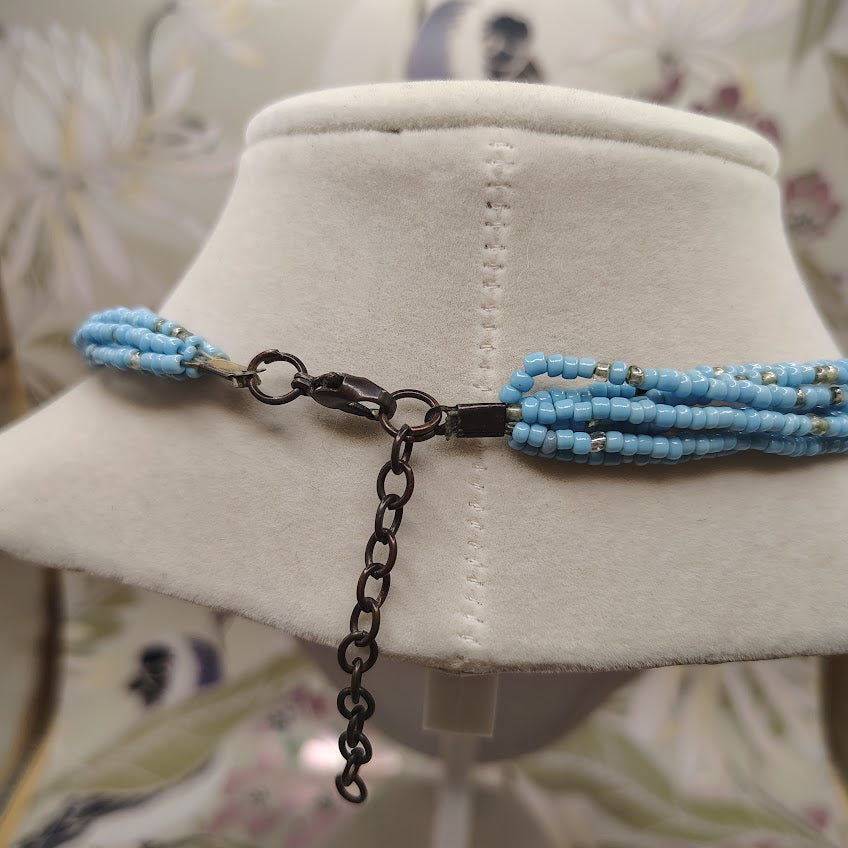 San Marco Style Antiqued Brass Spiral Multi-Strand Blue Seed Bead Statement Necklace 31