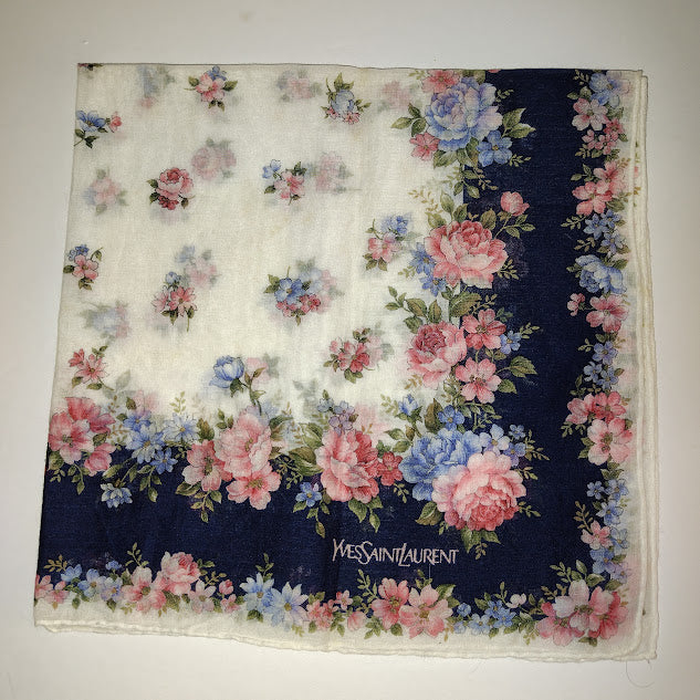Vintage Yves Saint Laurent (YSL) Blue and Pink Floral Handkerchief / Pocket Square # 159