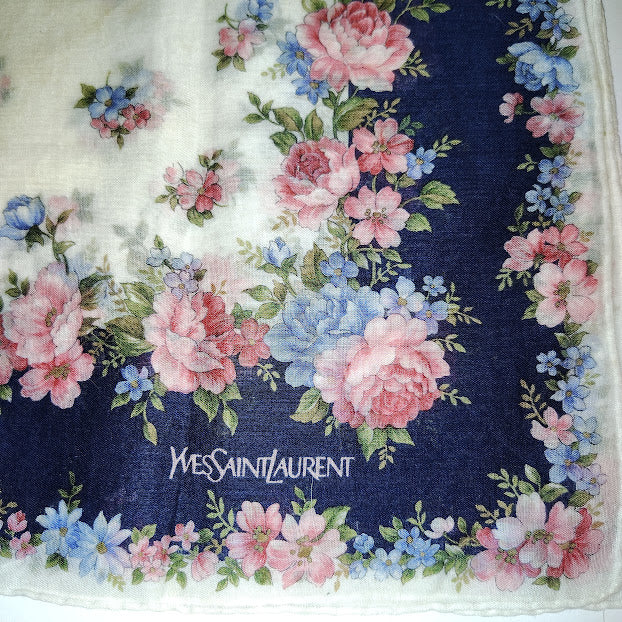Vintage Yves Saint Laurent (YSL) Blue and Pink Floral Handkerchief / Pocket Square # 159