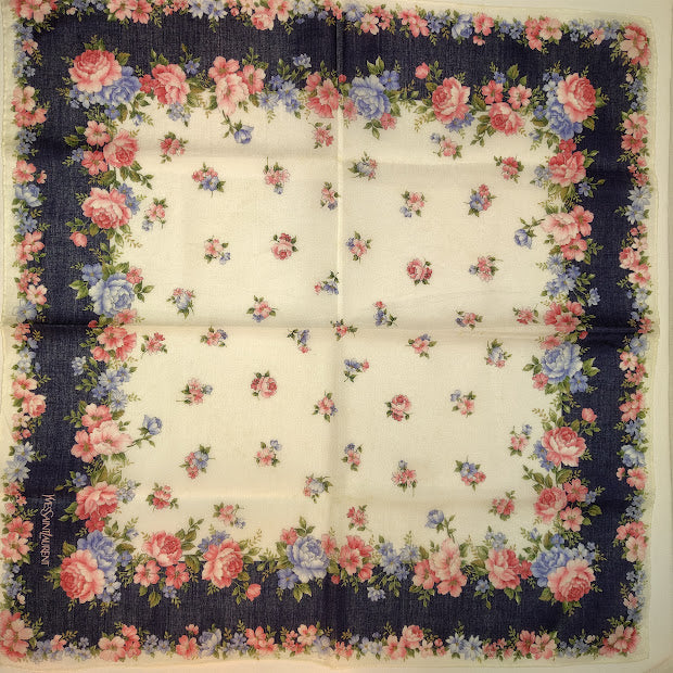 Vintage Yves Saint Laurent (YSL) Blue and Pink Floral Handkerchief / Pocket Square # 159