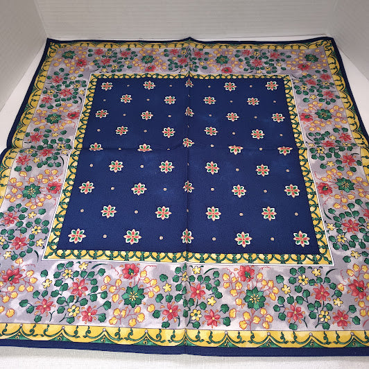 Vintage Japanese Floral Cotton-Style Scarf | 19” Square | Blue & Multicolor Pattern #3
