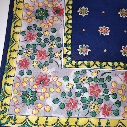 Vintage Japanese Floral Cotton-Style Scarf | 19” Square | Blue & Multicolor Pattern #3