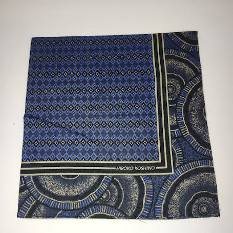 Vintage Hiroko Koshino geometric pattern cotton handkerchief in blue and gold colors #5
