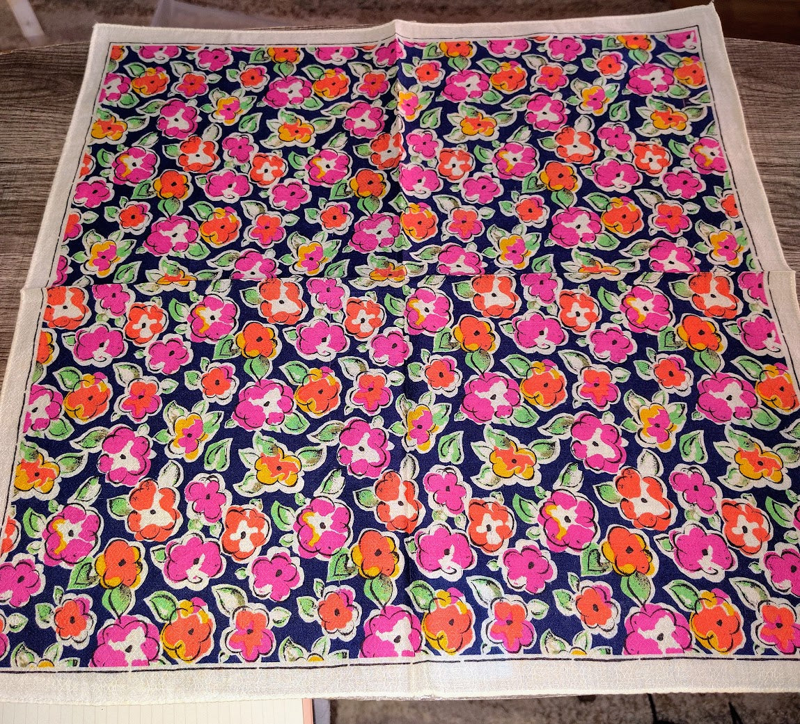 Vintage-Style Floral Cotton Handkerchief – Navy, Hot Pink, & Orange