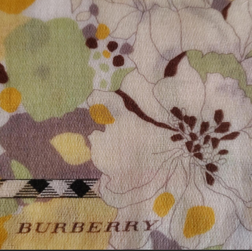 Vintage Burberry Floral Cotton Scarf – Square – Neutral Botanical Print #157