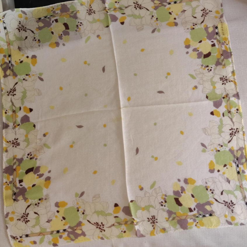 Vintage Burberry Floral Cotton Scarf – Square – Neutral Botanical Print #157