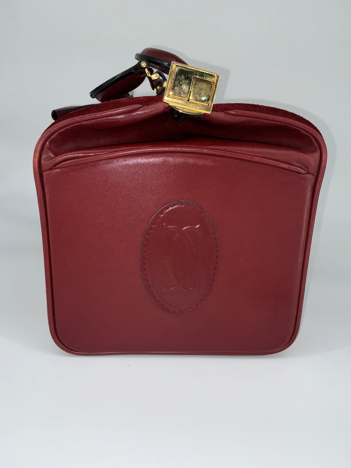 House of Melton vintage Les Must de Cartier bordeaux suede and leather doctor travel bag with gold hardware