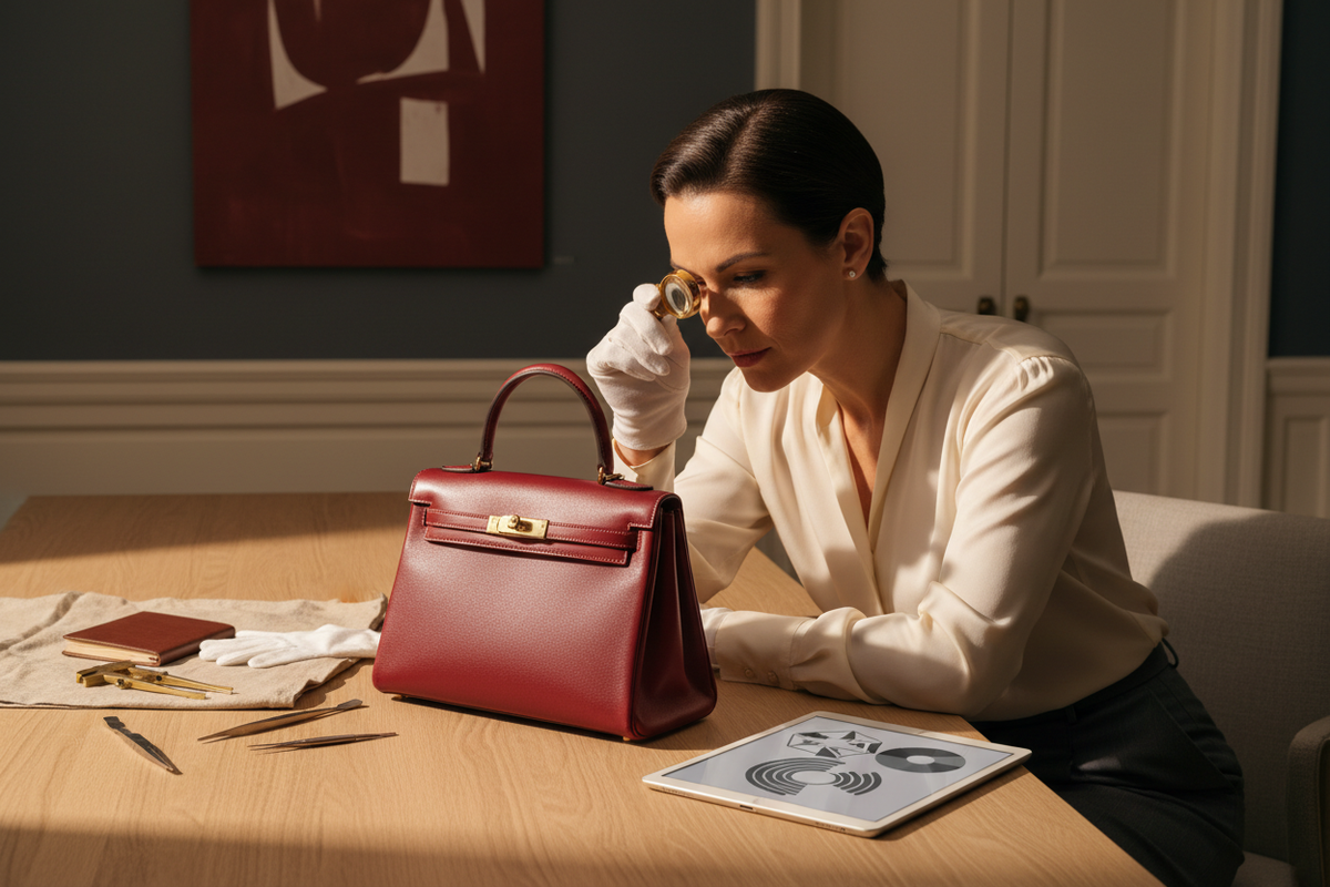 Luxury handbag specialist inspecting a vintage leather purse